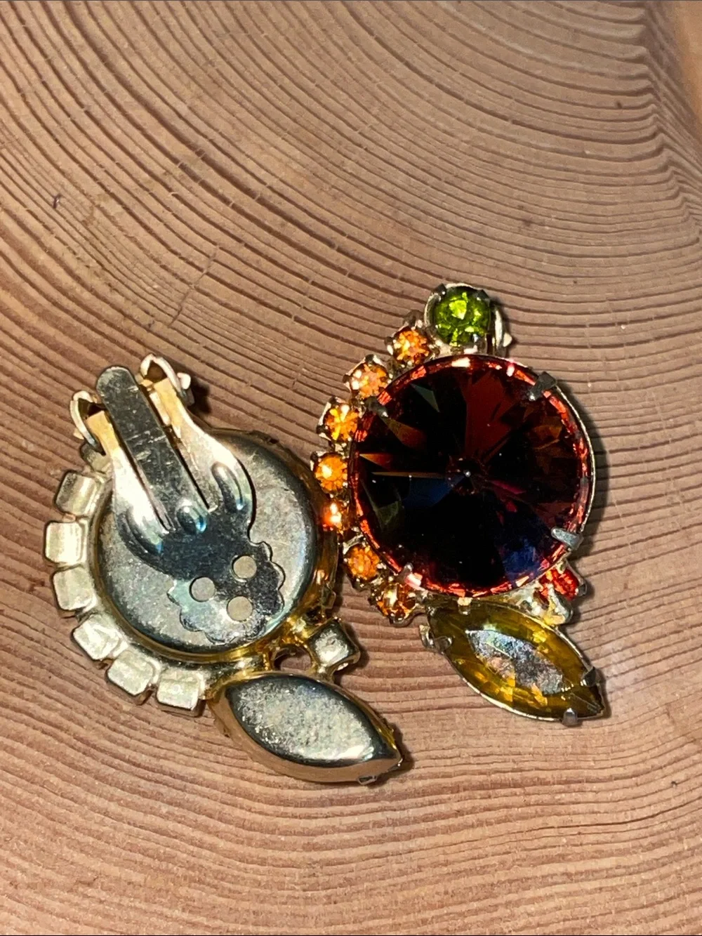 Vintage Juliana Style Rhinestone Clip On Earrings Purple Orange Rivoli